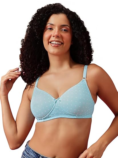 Clovia Women’s Blue Polyamide Printed T-Shirt Bra – Lightly Padded, Wire-Free, Full-Cup Support